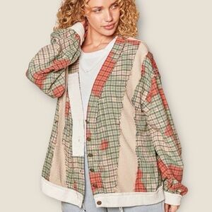 POL Plaid Button-Up Cardigan Jacket Mixed Media Boho Bohemian Multicolor Large